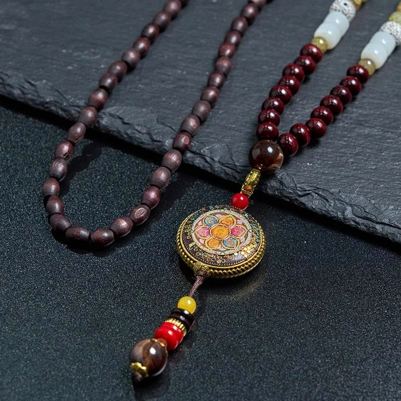 Tibetan Buddhist Om Mani Padme Hum necklace complete with traditional enamel pendant