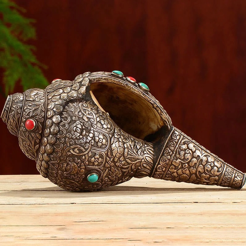 Tibetan Buddhist shankha conch shell with sacred engravings and natural turquoise stone inlays for meditation altar