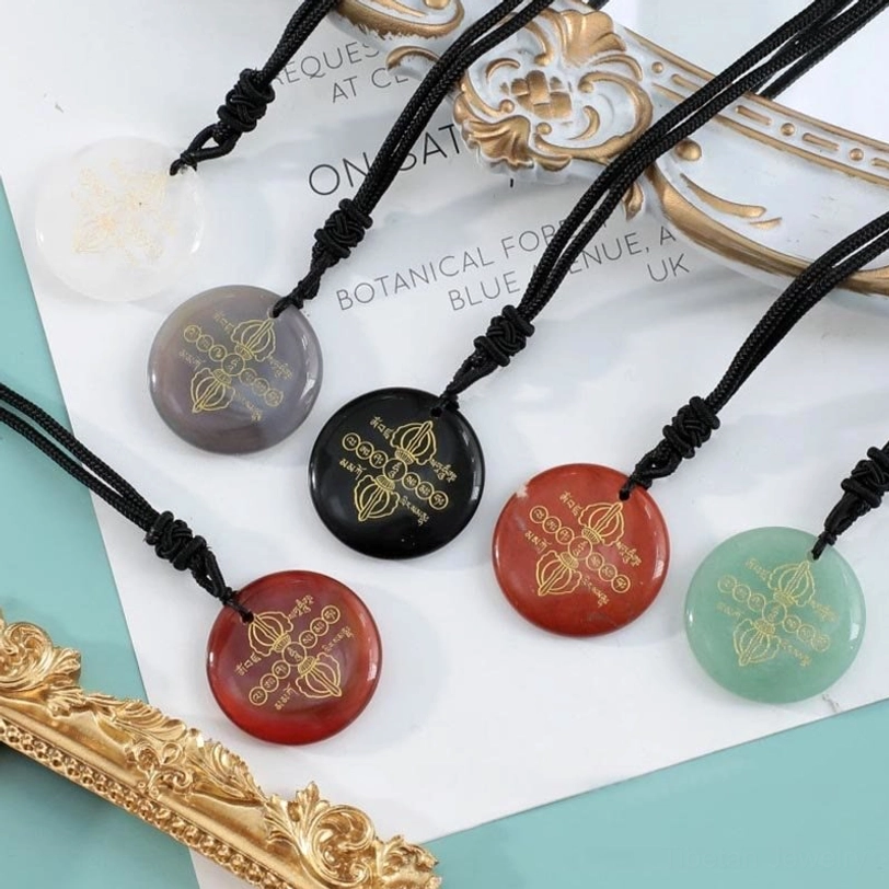 Vajra Dorje Tibetan Buddhist necklace pendant natural stone with golden Dorje and Sanskrit carvings