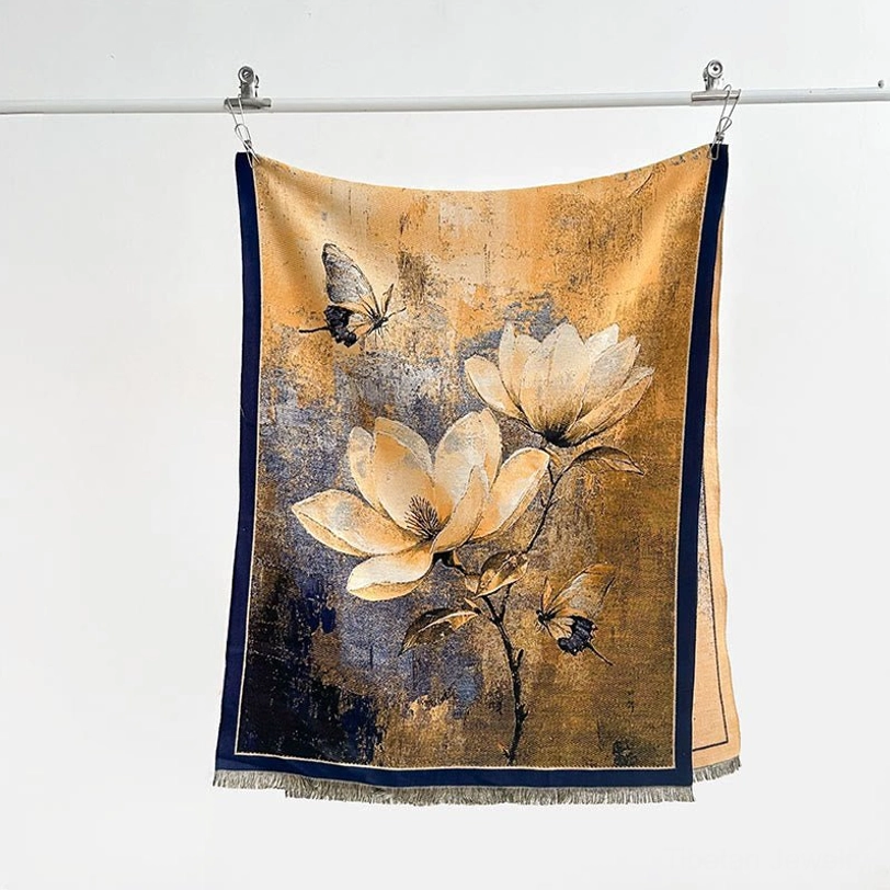 Tibetan scarf hanging display showing yellow-brown and navy retro magnolia butterfly pattern with fringed edges