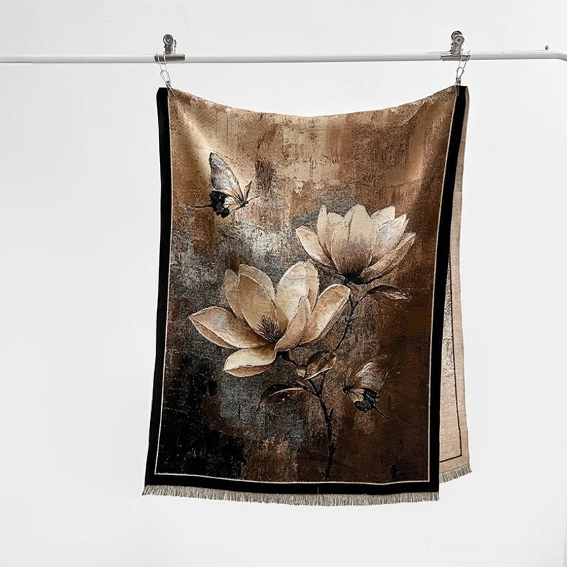 Vintage Tibetan scarf hanging display with earthy brown and black magnolia butterfly print, fringed hem