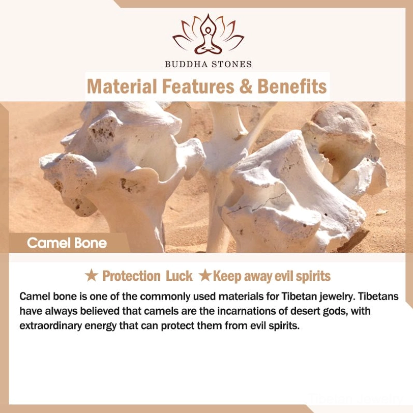 Tibetan camel bone bracelet product information graphic showing desert material benefits, spiritual protection meanings, and Buddha brand heritage