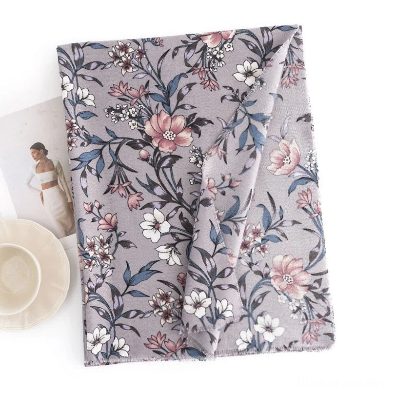Full pattern display of Tibetan retro camellia scarf wrap, all-over blooming flower botanical print on grey fabric