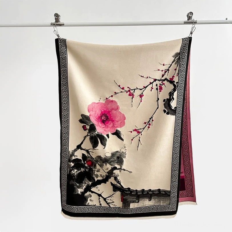 Pink camellia Tibetan scarf hanging display, cream beige background with black geometric border and pink flower ink painting