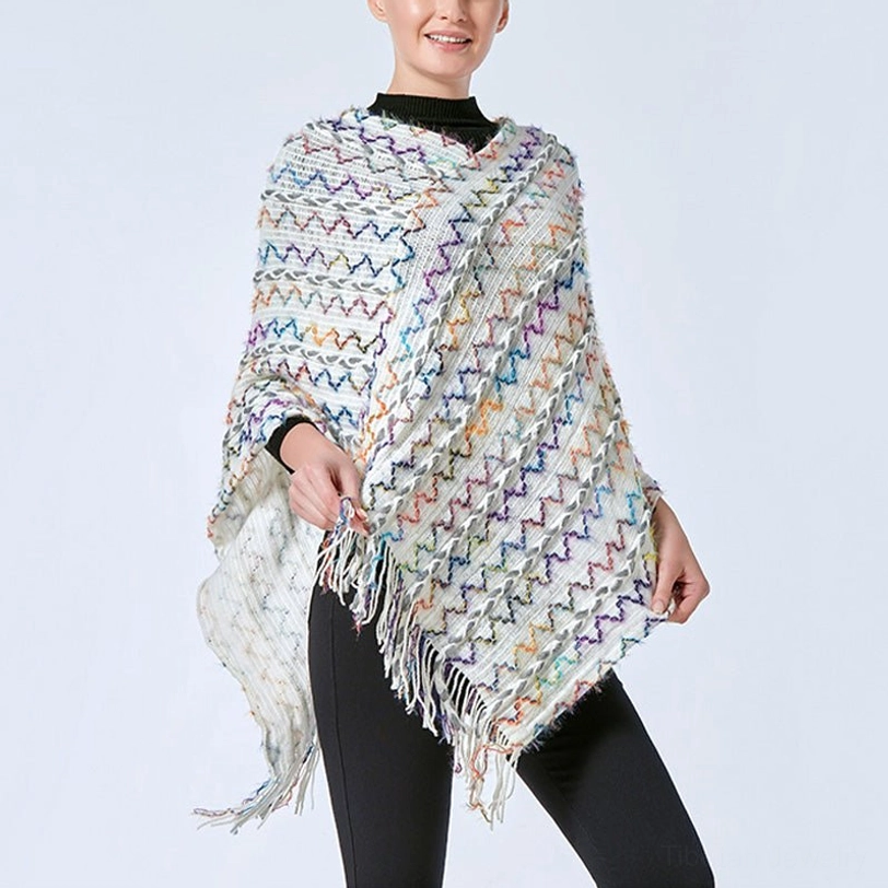 Tibetan imitation cashmere shawl wrap with authentic striped pattern and fringe tassels