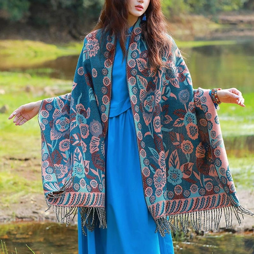 Wide open Tibetan botanical print shawl draped showing full floral motif