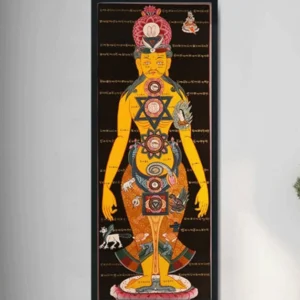 Tibetan chakra thangka painting hung on minimalist gray wall, showing golden patterns and Tibetan script with black frame, chakra meditation artwork