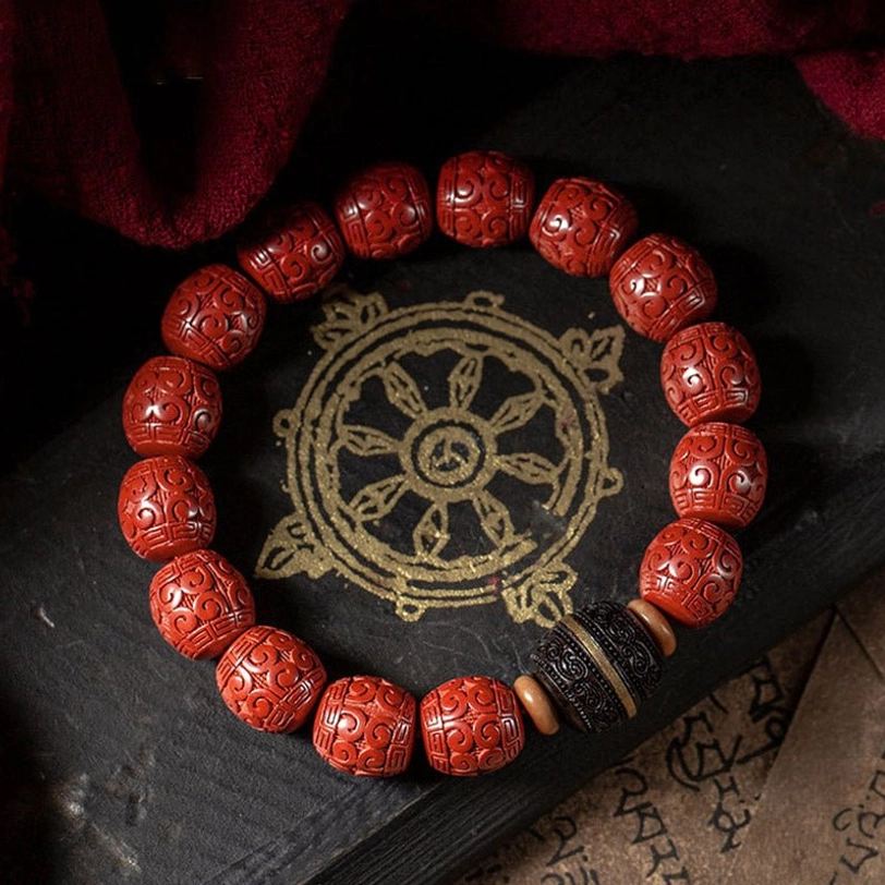 Cinnabar ebony prayer beads bracelet with natural materials, Tibetan spiritual practice companion for meditation and mindfulness