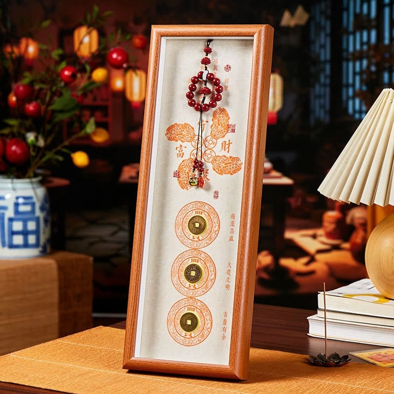 Tibetan cinnabar copper coin fortune photo frame with off-white background - minimalist prosperity décor