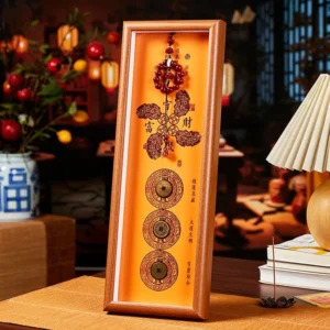 Tibetan cinnabar copper coin fortune photo frame with orange background and bronze ancient coins - front view home décor