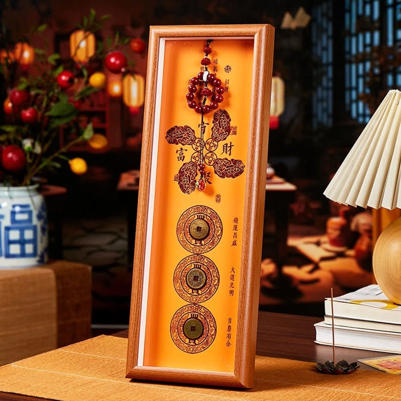 Tibetan cinnabar copper coin fortune photo frame with orange background and bronze ancient coins - front view home décor
