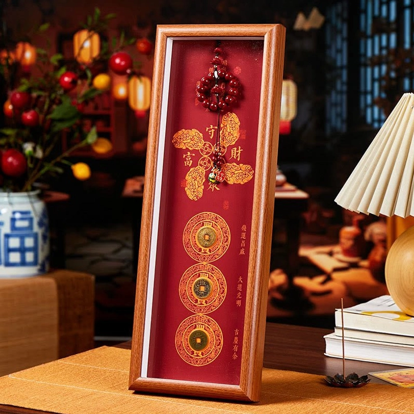 Tibetan cinnabar copper coin fortune photo frame with wine-red background - traditional décor style