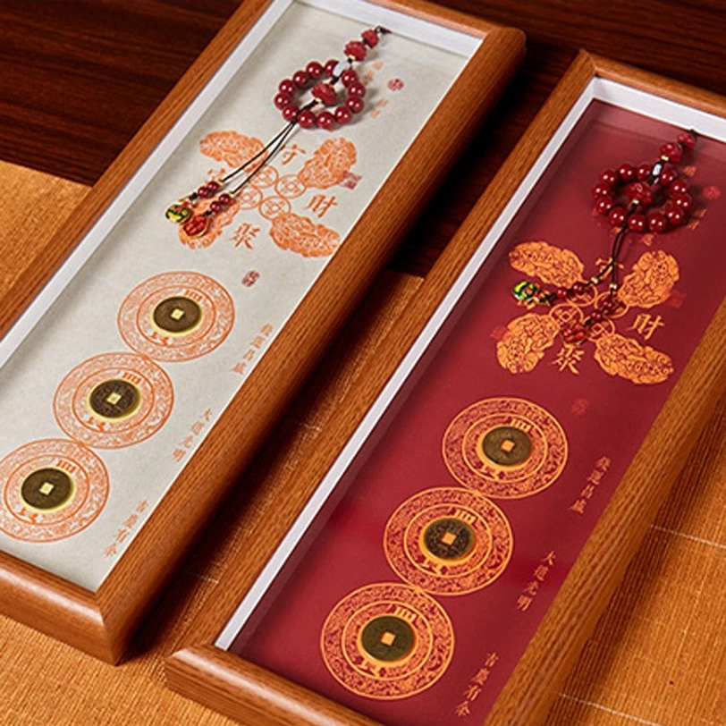 Tibetan cinnabar copper coin fortune photo frames oblique view showing frame depth and decorative details