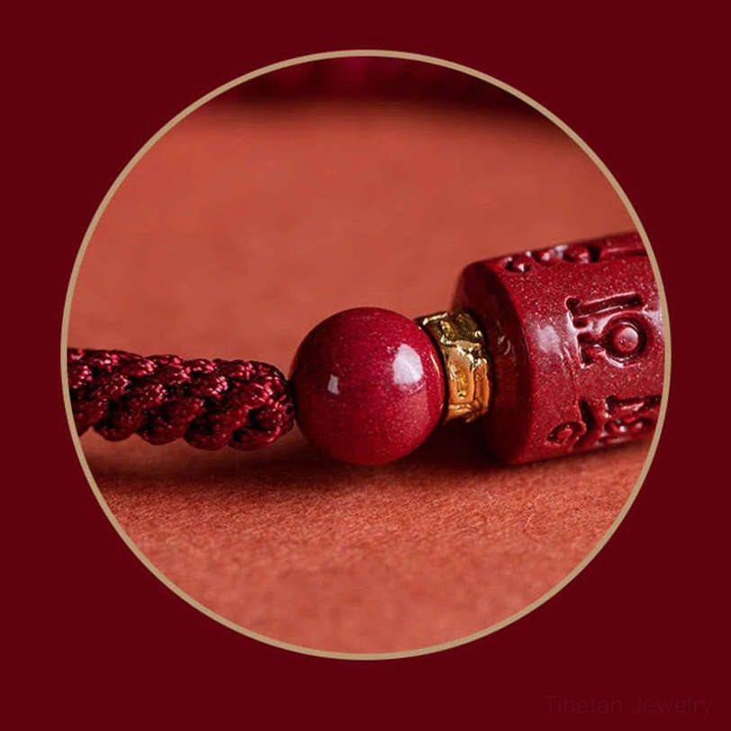 Tibetan Om Mani Padme Hum cinnabar blessing bracelet - handwoven structure and bead arrangement detail