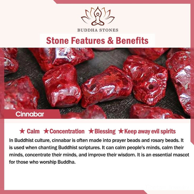 Tibetan cinnabar stone benefits guide showing raw cinnabar stones with calm, blessing, and protection properties