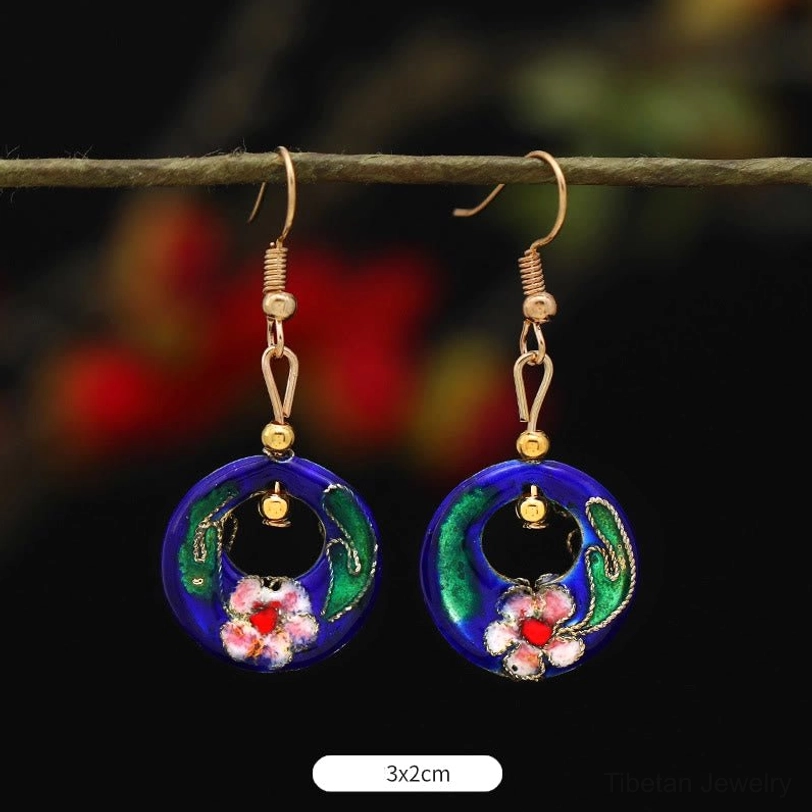 Circle dark blue flower enamel drop earrings 2.9x2.2cm, navy blue circular lotus design, versatile everyday wear