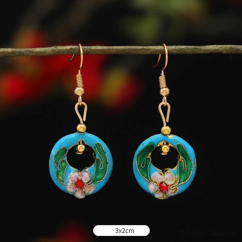 Circle red flower enamel drop earrings 2.9x2.2cm, burgundy red circular pattern, handcrafted Tibetan spiritual symbol