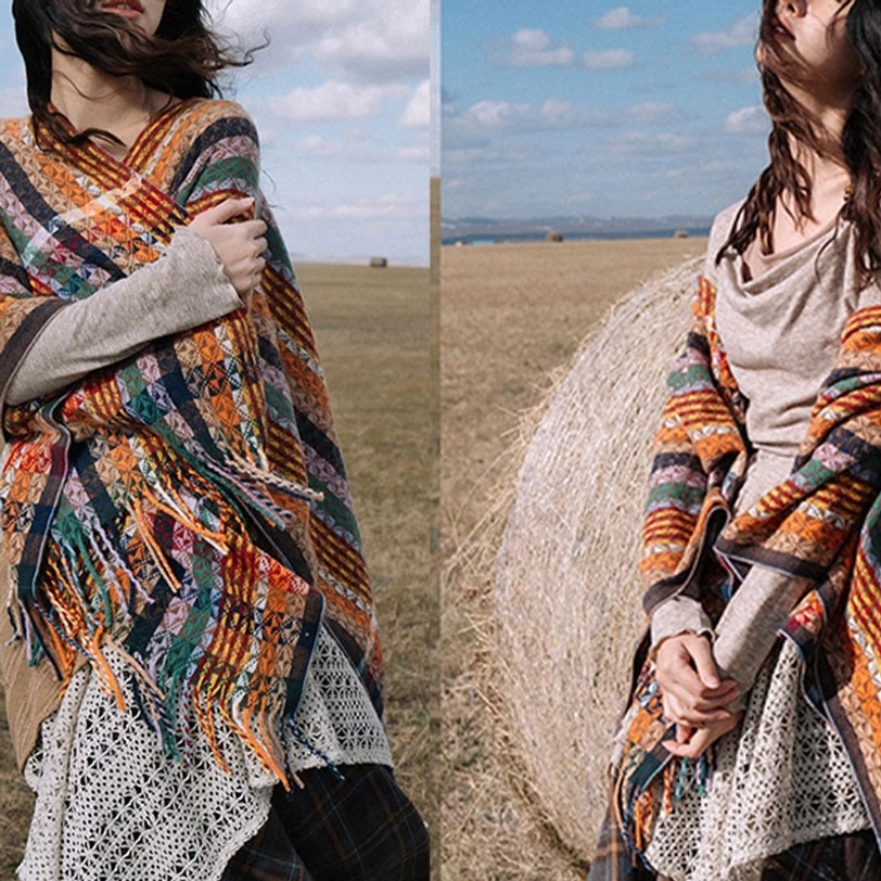 Tibetan colorful stripe wrap shawl flat lay showing full geometric pattern design and fringed hem detail