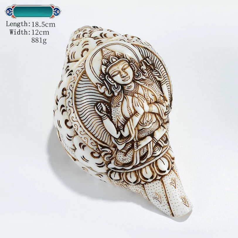 Tibetan handcrafted engraved conch shell Four-armed Avalokitesvara compassion deity 18.5x12cm design
