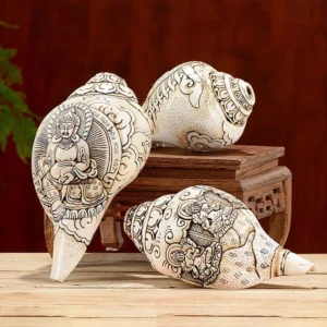 Set of three Tibetan handcrafted engraved conch shells displaying various Buddhist deity designs on wooden display stands