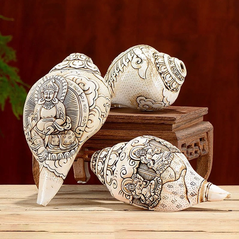 Set of three Tibetan handcrafted engraved conch shells displaying various Buddhist deity designs on wooden display stands