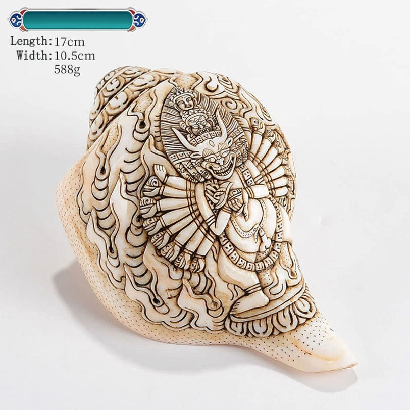 Premium Tibetan engraved conch shell with seated Buddha and halo artistic detail natural cream material