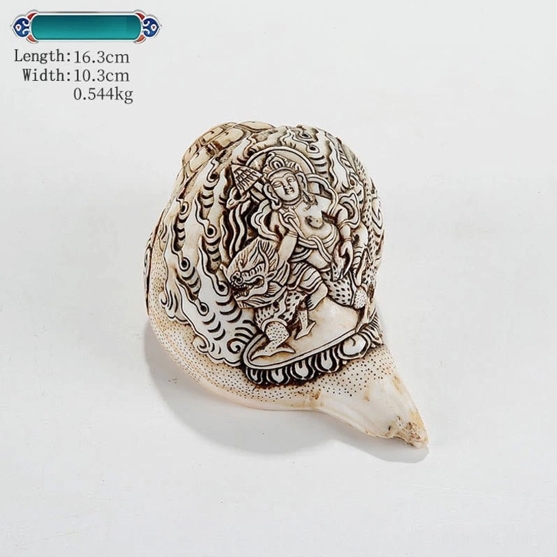 Tibetan engraved conch shell with Buddhist iconography hand-carved by master artisan natural shankha material
