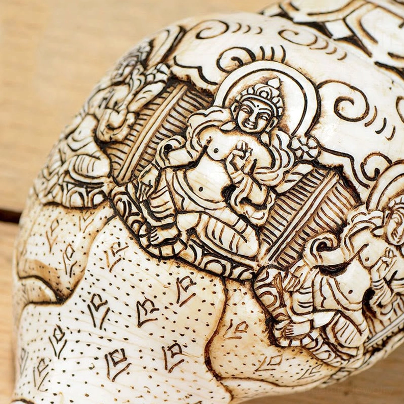 Tibetan engraved conch shell with Dorje Phurba Buddha carving protective deity design natural material