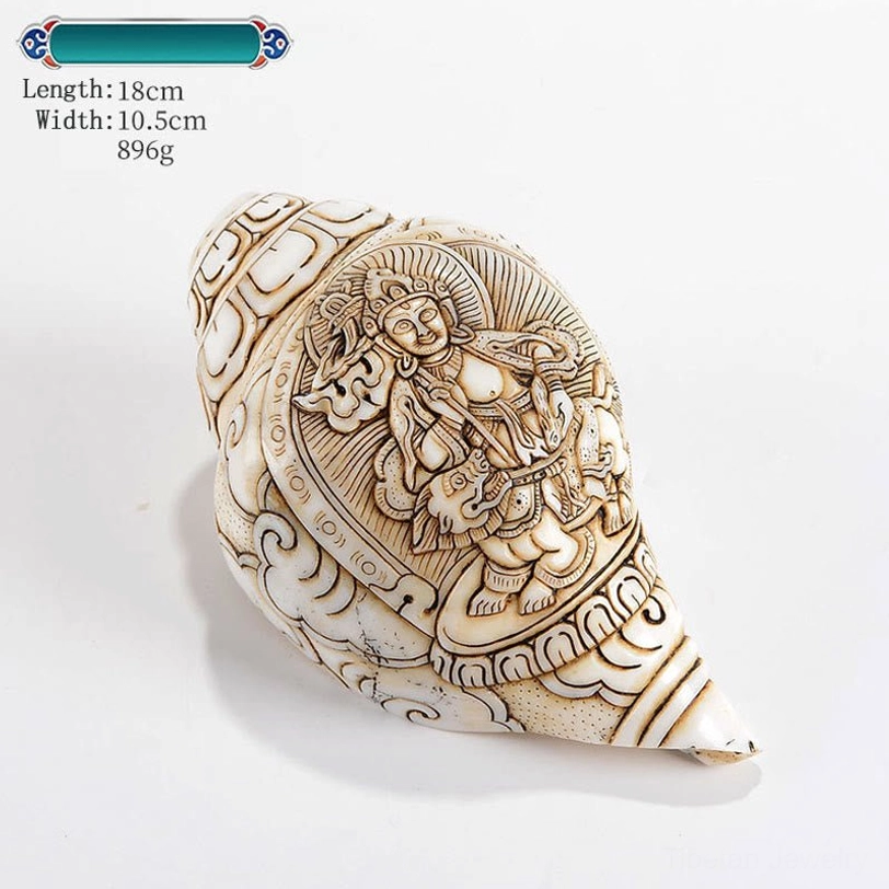 Tibetan handmade engraved conch shell King of Treasure design 18x10.5cm authentic Buddhist altar piece