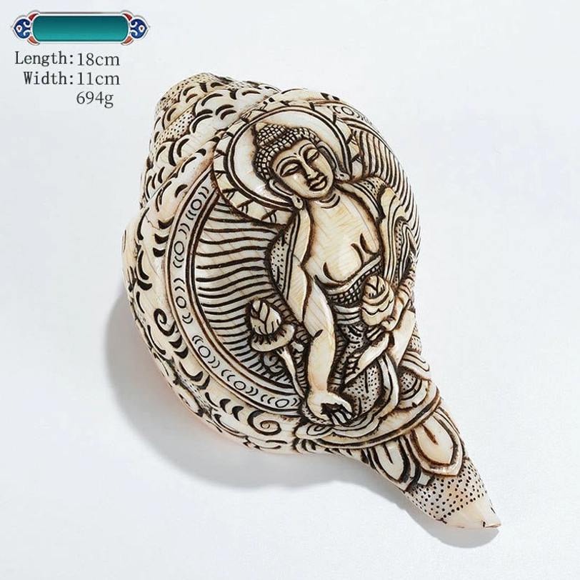 Tibetan handmade shankha conch shell with intricate Buddhist deity engraving meditation altar decoration