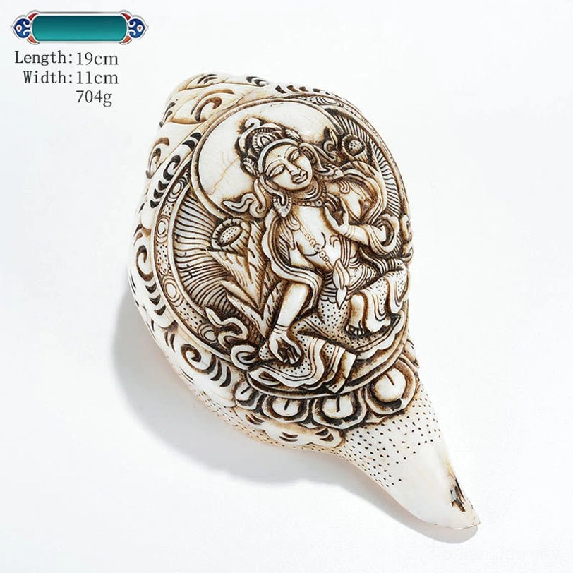 Handcrafted Tibetan engraved conch shell with sacred Buddhist symbol carving prosperity decoration