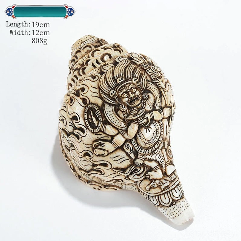 Master-crafted Tibetan conch shell Shadbhuja Mahakala engraving protective deity 19x12cm shankha