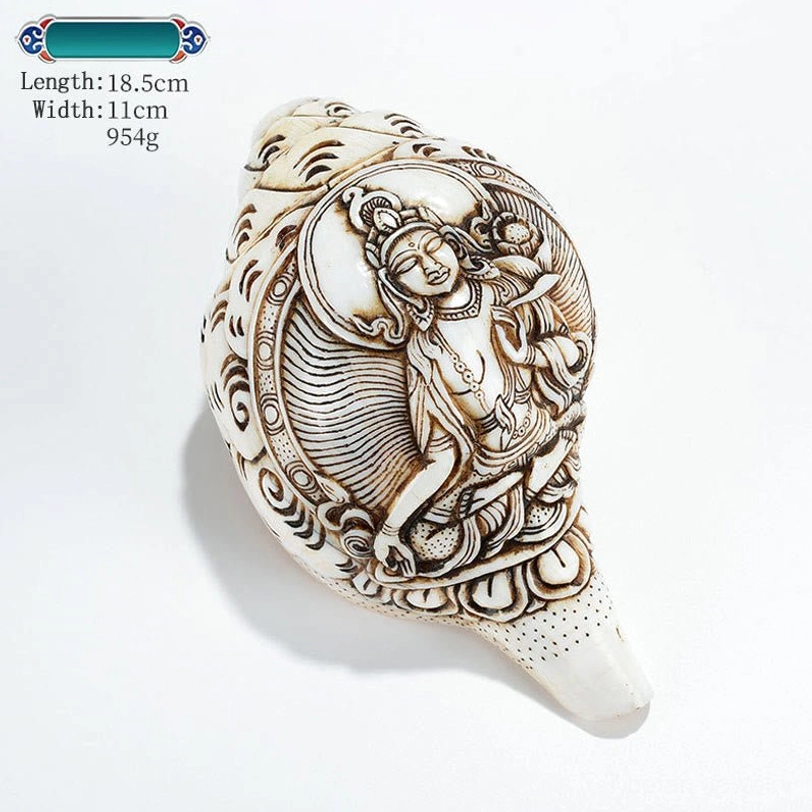 Tibetan engraved conch shell White Tara deity carving compassion symbol 18.5x11cm natural material