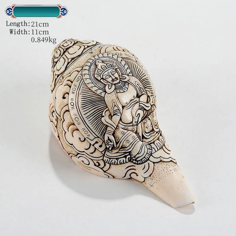 Premium Tibetan hand-engraved conch shell Yellow God of Wealth deity 21x11cm natural shankha decoration