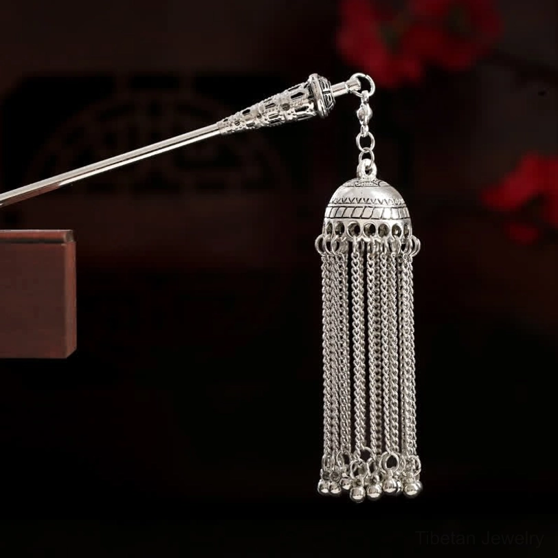 Tibetan-inspired confidence hairpin showcasing copper alloy and enamel craftsmanship