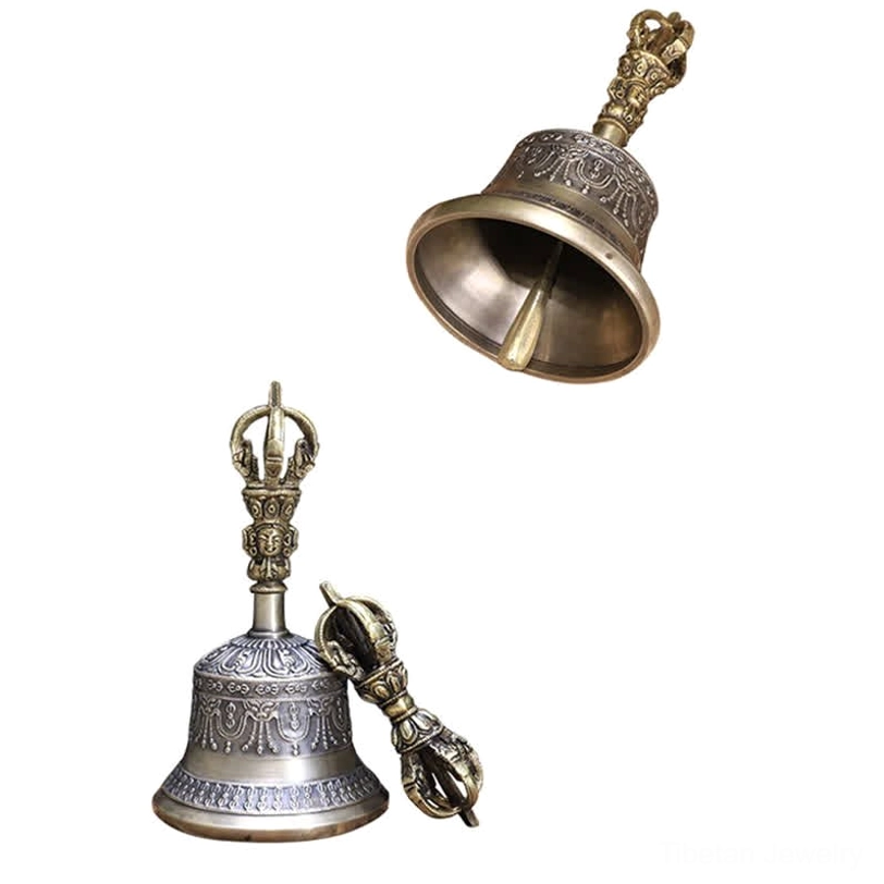 Handmade Tibetan copper bell and five-pronged vajra dorje sacred instrument collection