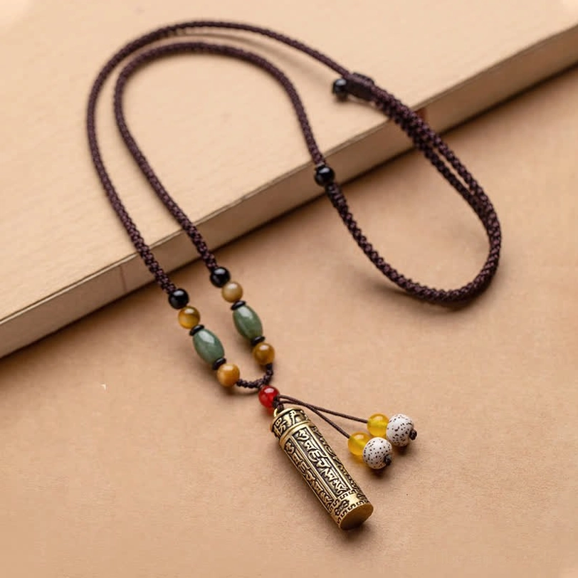 Copper and Bodhi seed Tibetan Om Mani Padme Hum necklace pendant with spiritual mantra engraving