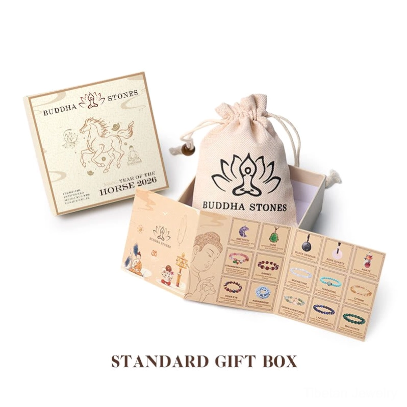 Tibetan copper bracelet standard gift box set including linen drawstring bag, printed packaging, and product brochure