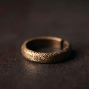 Tibetan vintage textured copper couple ring 4.5mm band width - three quarter side view showing distressed bronze grain finish and adjustable open band design