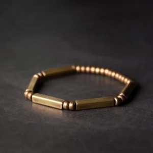 Tibetan copper wealth luck bracelet flat lay overhead view antique bronze beads handcrafted