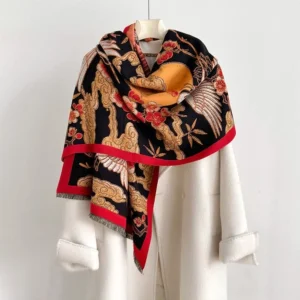 Black Tibetan crane plum blossom jacquard scarf worn on mannequin, showcasing auspicious cloud pattern with red trim