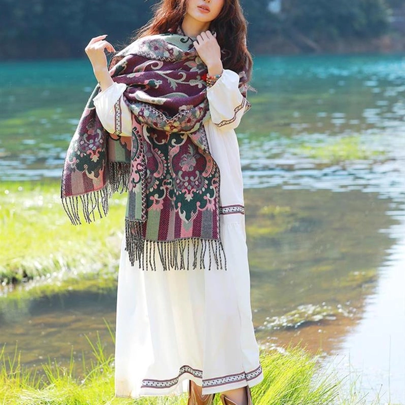 Tibetan botanical tassel shawl dark green variant full length view of paisley and leaf design