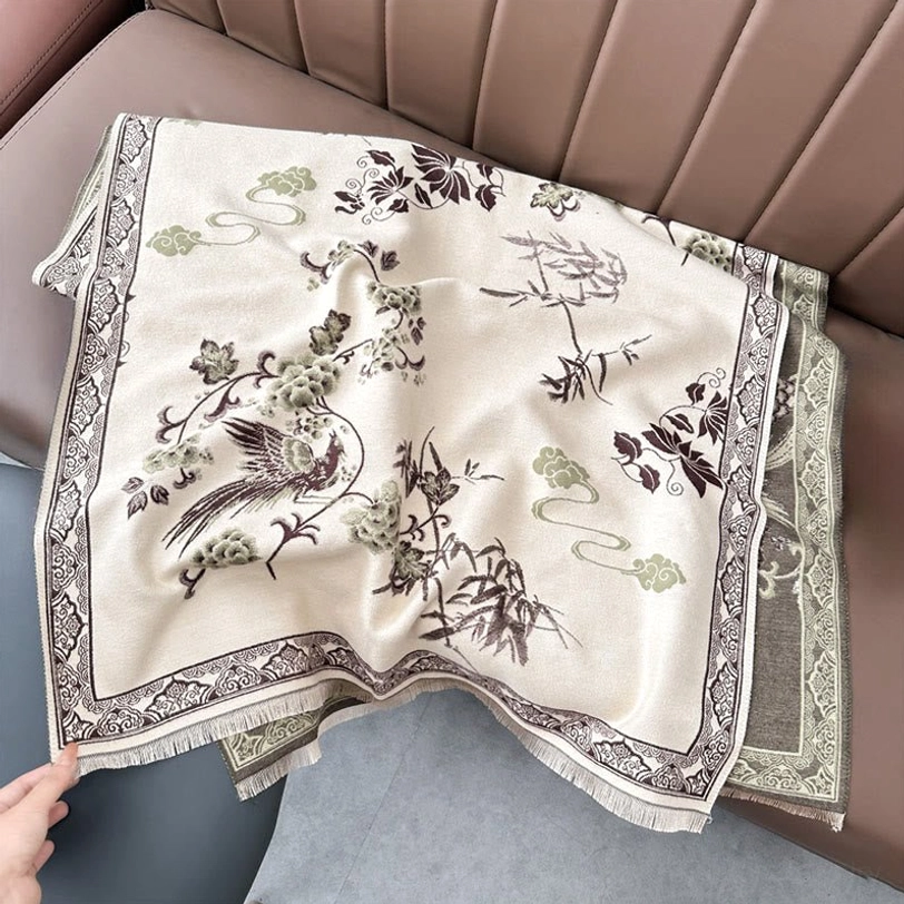 Dark khaki Tibetan scarf with bird and flower motif, handwoven fabric texture detail