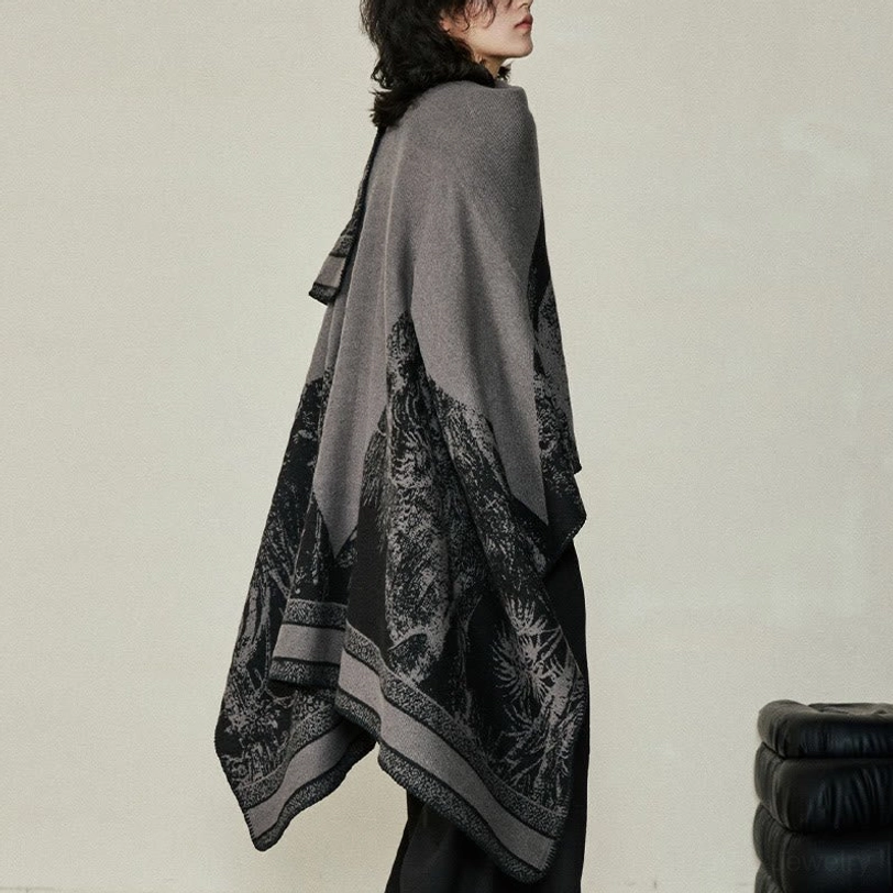 Tibetan sika deer shawl draped from side angle, loose silhouette with forest print