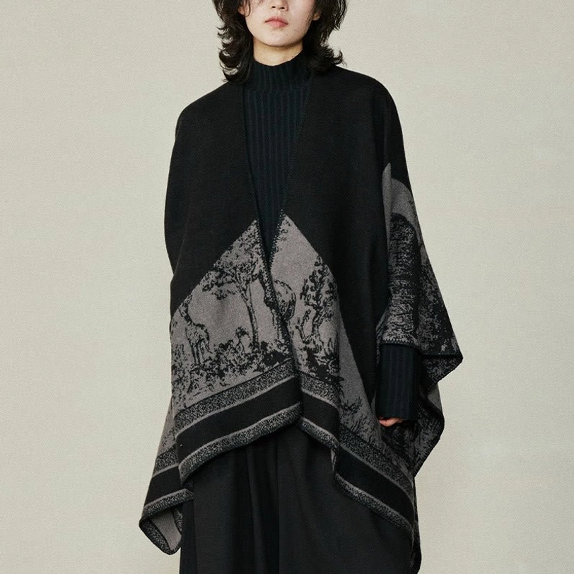 Double-sided Tibetan deer shawl wrap showing open front styling with jacquard hem