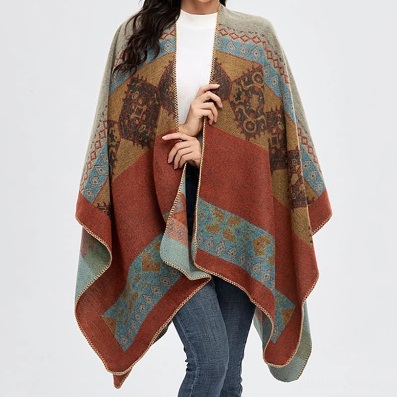 Tibetan diamond pattern wrap shawl worn as evening formal dress accessory for elegant banquet or special occasion styling