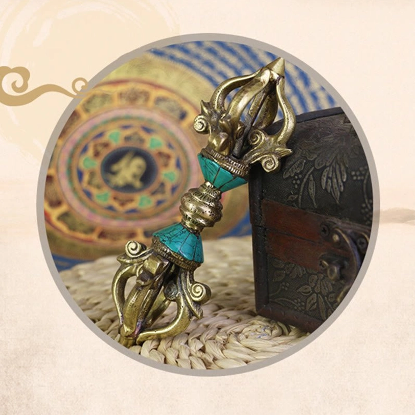 Handcrafted Tibetan copper dorje with turquoise inlay authentic Nepali artisan craftsmanship