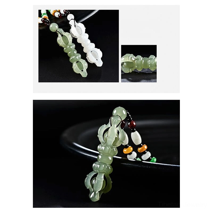 Tibetan Dorje Vajra necklace product gallery thumbnail collage showing multiple angles and variations of cyan and white jade pendants