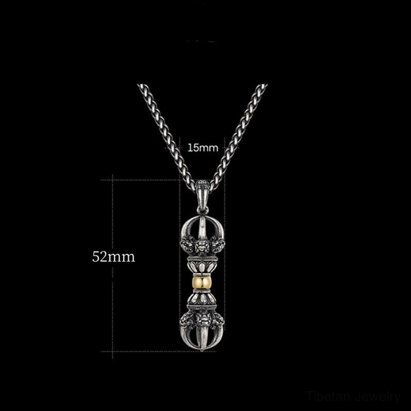 Flat lay technical view of Tibetan Dorje Vajra pendant showing dimensions 52mm x 15mm with size comparison on black background