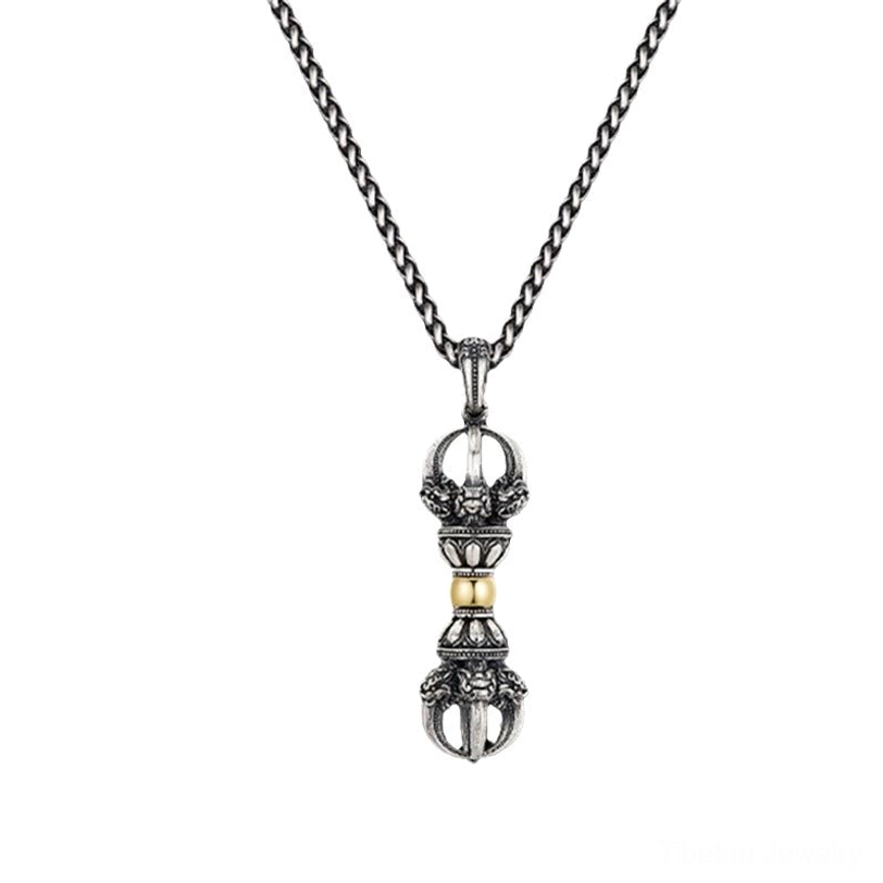 Tibetan Dorje Vajra copper-plated silver necklace pendant detail shot highlighting spiritual symbol craftsmanship and protective energy symbolism